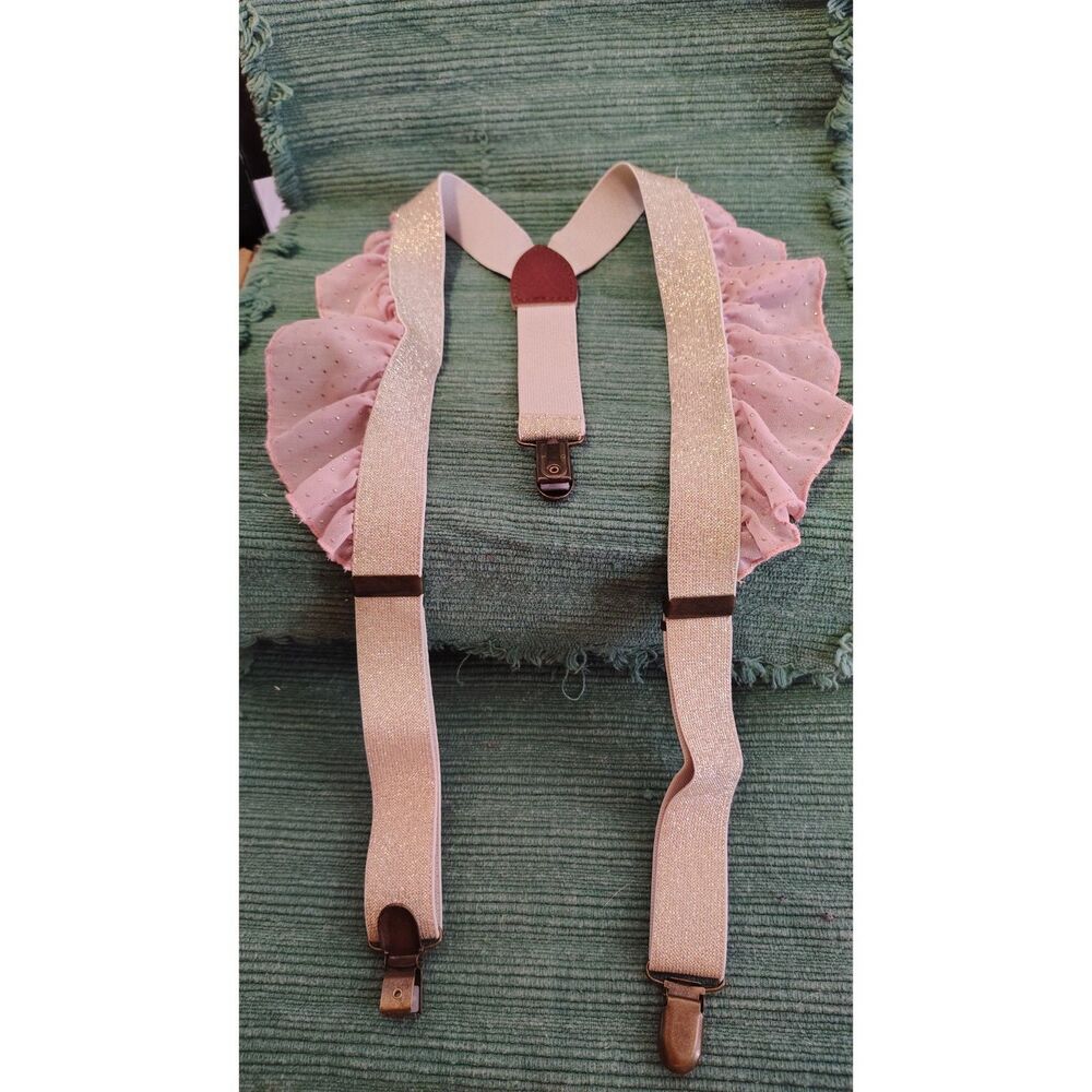 OshKosh B’Gosh Girls Rose Gold Sparkle Suspenders Pink Ruffle Accents One Size